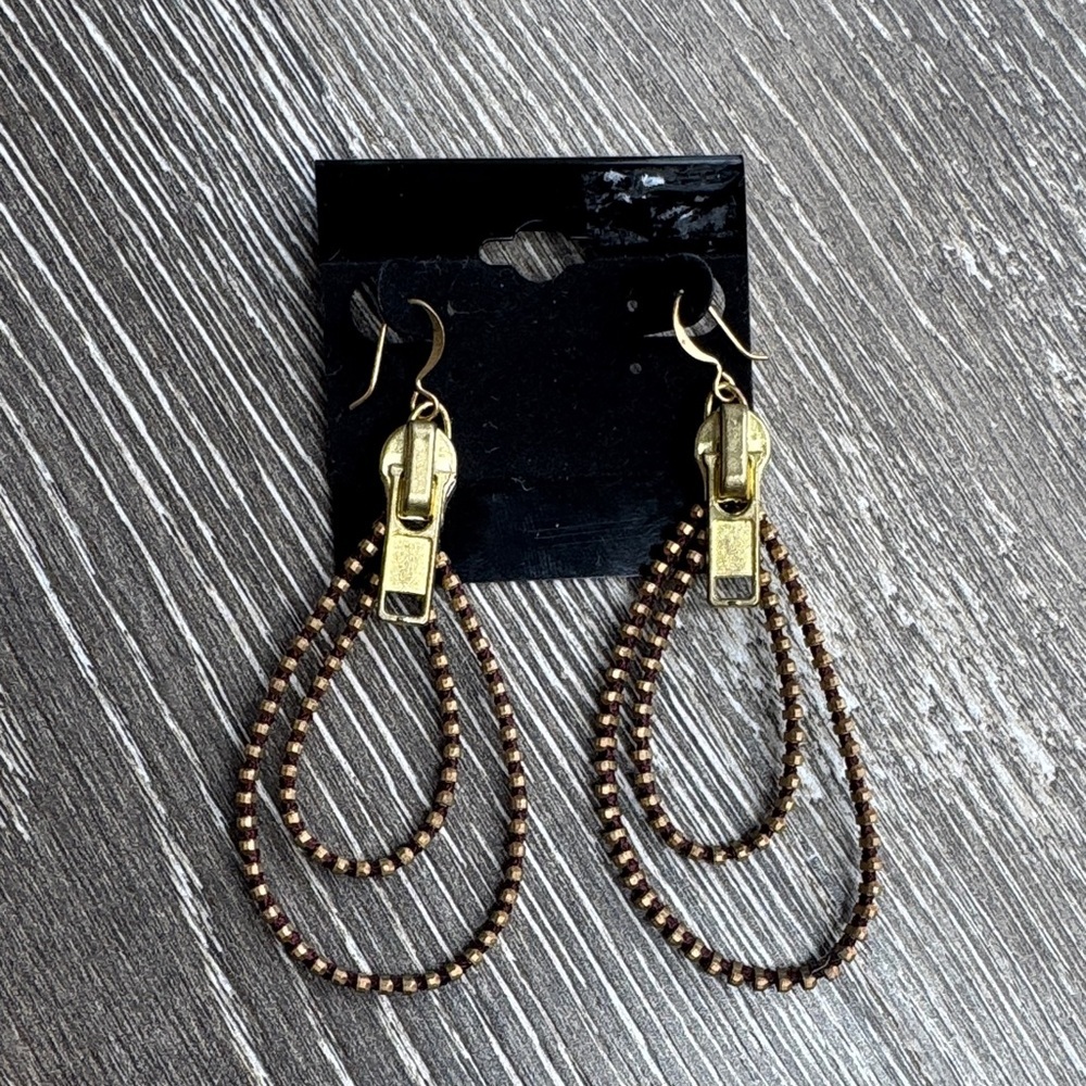 Vintage Gold and Brown Zipper Loop Earrings